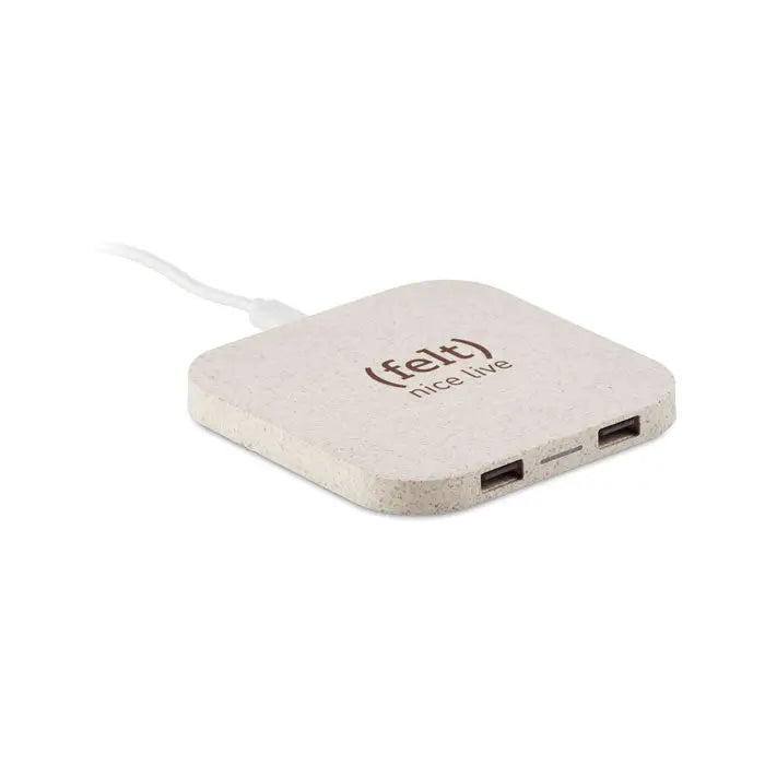 Încărcător butuc paie de grâu/ABS 5W bej, pad wireless cu două porturi USB și logo de marcă