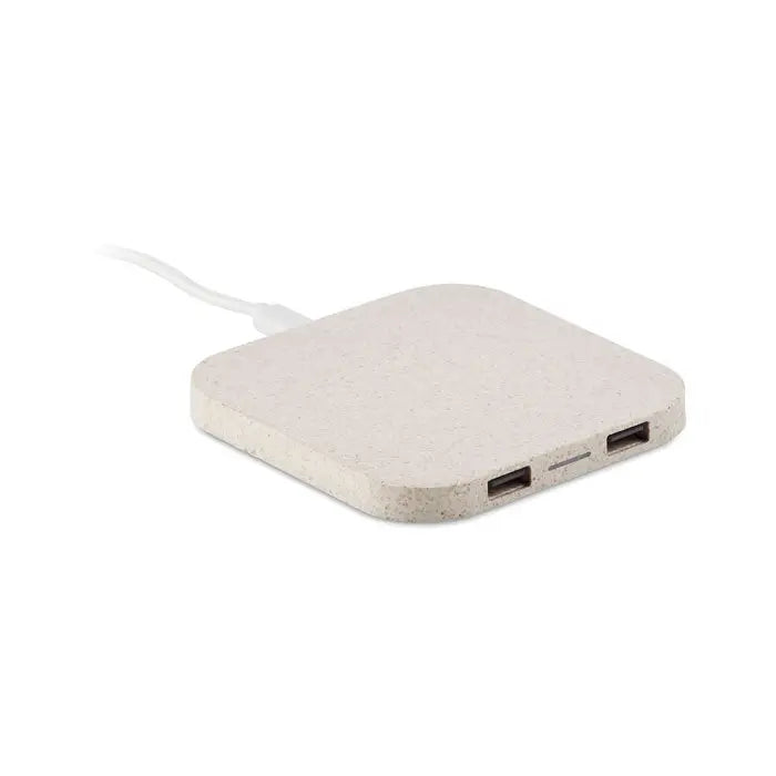 Beige speckled rectangular incarcare wireless charging pad din paie de grau si abs cu doua porturi usb si cablu de alimentare conectat