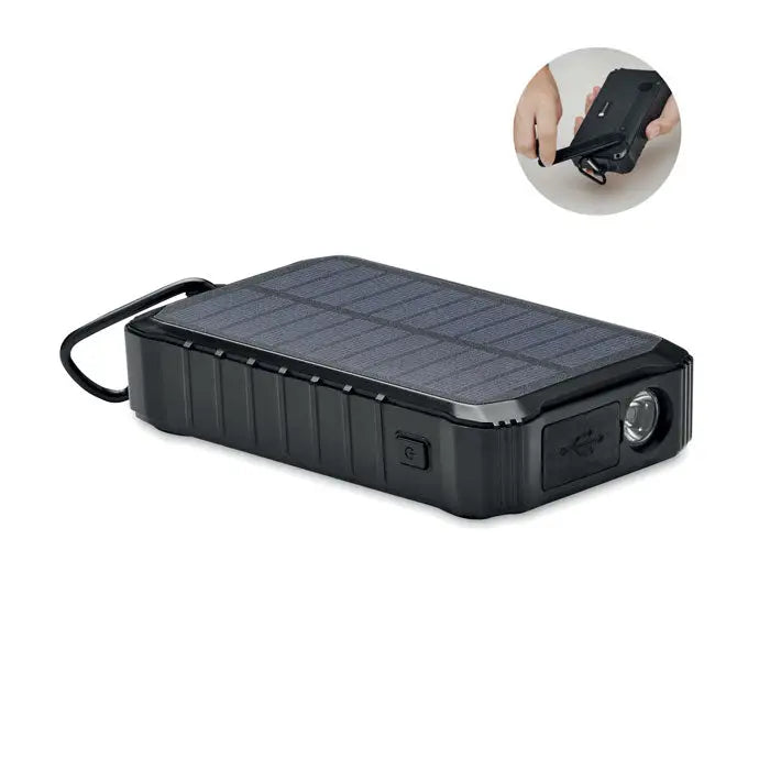 Incarcator dinam solar negru de 8000 mah cu lanterna led integrata si laterale texturate pentru prindere usoara