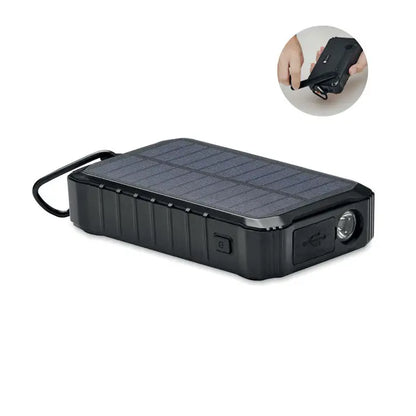 Incarcator dinam solar negru de 8000 mah cu lanterna led integrata si laterale texturate pentru prindere usoara