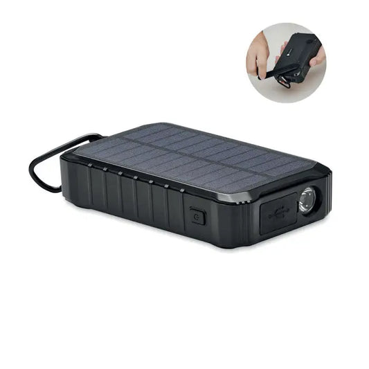 Incarcator dinam solar negru de 8000 mAh cu lanterna led integrata si laterale texturate pentru prindere usoara