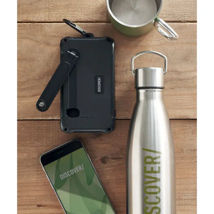 Incarcator dinamic solar de 8000 mah negru, robust, cu incarcator portabil integrat si carabiniera cu suport rabatabil