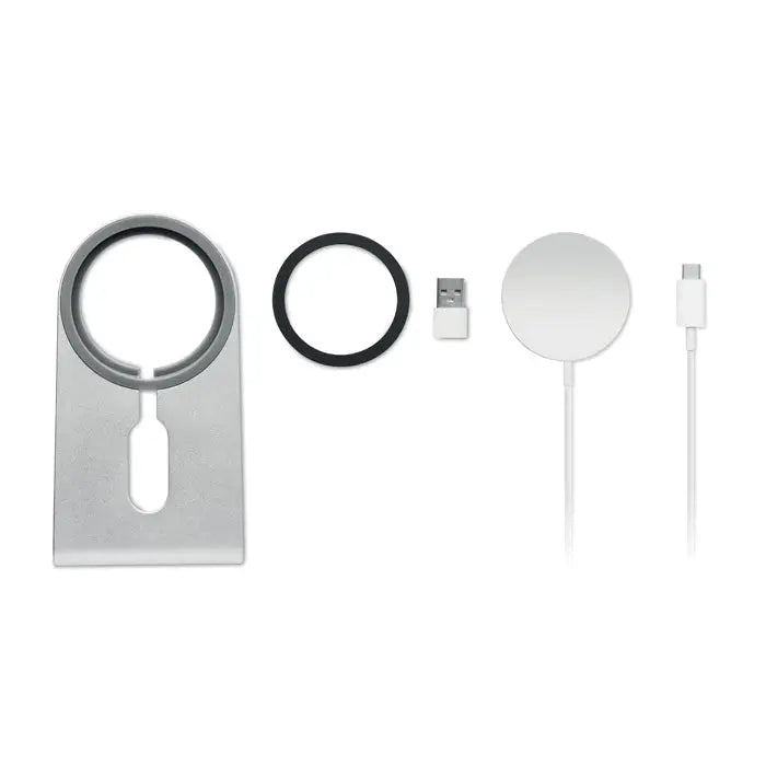 Silver aluminum magnetic 15w portable charging stand with circular cutout and integrated device slot