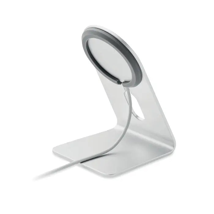 Incarcator magnetic portabil 15w argintiu cu suport minimalist si inel cauciucat gri pentru fixare sigura