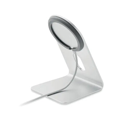 Incarcator magnetic portabil 15w argintiu cu suport minimalist si inel cauciucat gri pentru fixare sigura