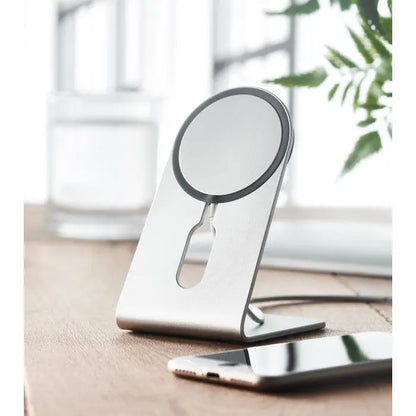 Silver magnetic phone stand incarcaror magnetic portabil 15w cu design minimalist si pad incarcare circulara