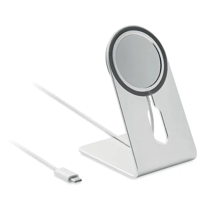 Incarcator magnetic portabil 15w argintiu cu suport telefon magnetic din metal si pad circular pentru incarcare