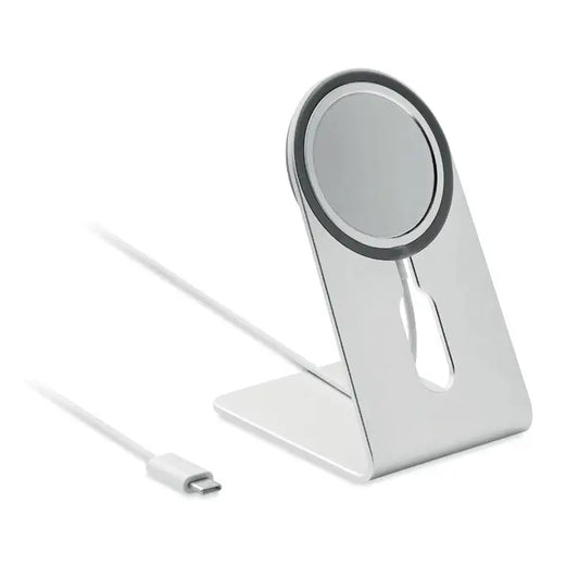 Incarcator magnetic portabil 15w argintiu cu suport telefon magnetic din metal si pad circular pentru incarcare