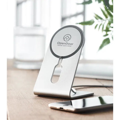 Incarcator magnetic portabil 15W argintiu cu suport telefon si logo opendoor home specialist