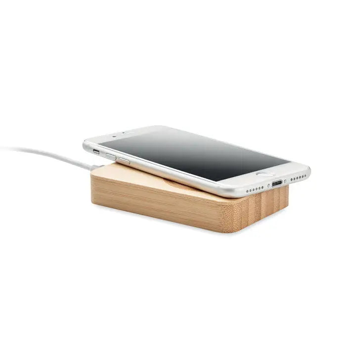 Incarcator magnetic wireless 10w cu suprafata din bambus deschis la culoare si design minimalist dreptunghiular
