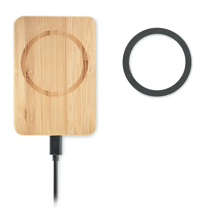 Incarcator magnetic wireless 15w din bambus cu pad de incarcare circular gravat si cablu negru