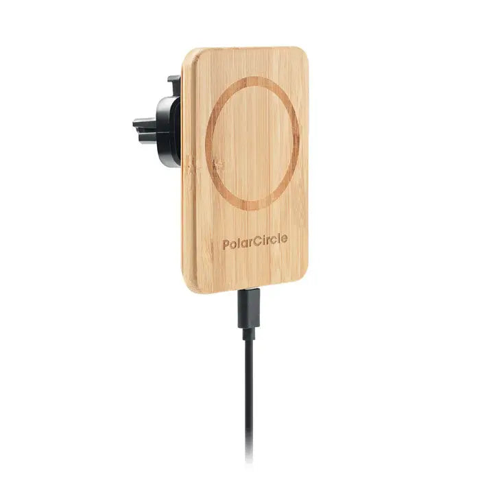 Încărcător magnetic wireless 15w polarcircle din bambus cu pad circular și plug negru pentru mașină
