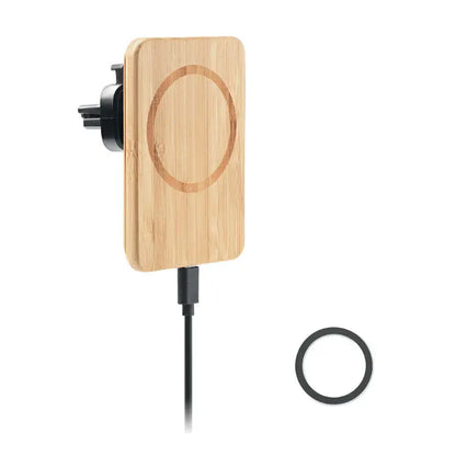 Incarcator magnetic wireless 15w cu finisaj bambus, pad circular de incarcare si cablu negru