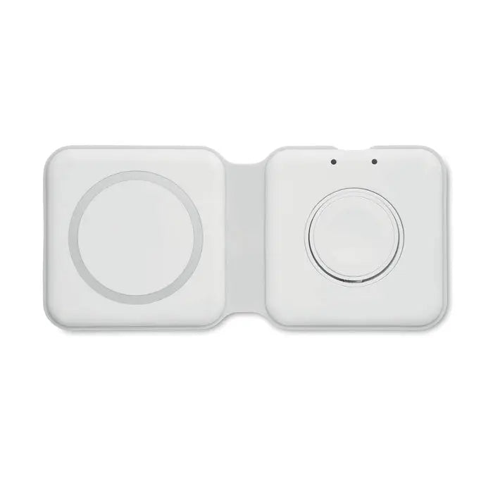 Incarcator pliabil 2 in 1 15w alb cu design minimalist si paduri circulare pentru incarcare wireless duala