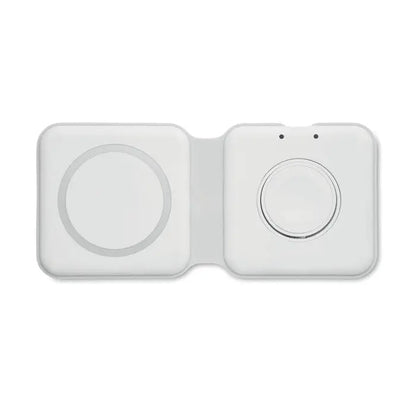 Incarcator pliabil 2 in 1 15w alb cu design minimalist si paduri circulare pentru incarcare wireless duala