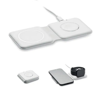 Incarcator pliabil 2 in 1 15w alb cu suprafata neteda din plastic si design minimalist pentru incarcare wireless dubla