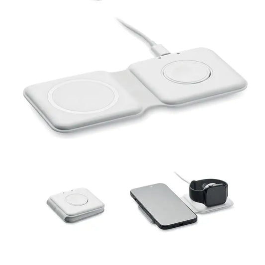Incarcator pliabil 2 in 1 15w alb cu suprafata neteda din plastic si design minimalist pentru incarcare wireless dubla