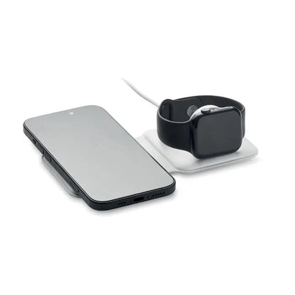 Încărcător pliabil 2 în 1 alb 15w cu suport wireless pentru smartphone negru și apple watch pe suprafață