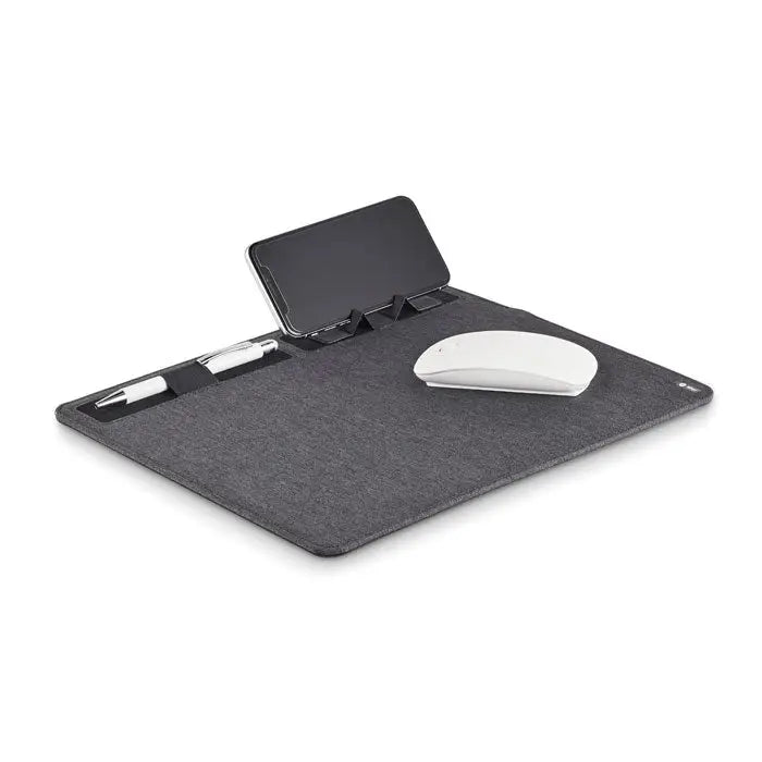 Mouse mat incaractor rpet gri închis din fetru cu suport integrat pentru telefon și suport pentru pix 15w