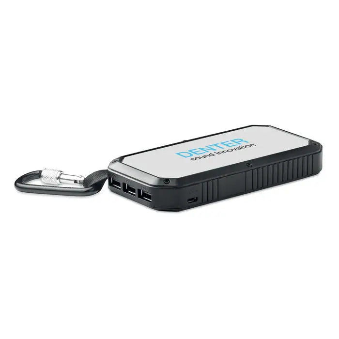 Incarcator solar 8000 mah power bank portabil negru si argintiu cu multiple porturi usb si carabiniera