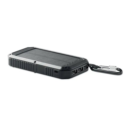 Incarcator solar 8000 mAh negru, robust, portabil, cu mai multe porturi usb si carabiniera pentru transport facil