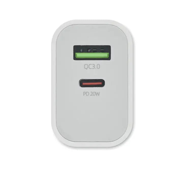 Incarcator usb 18w alb cu doua porturi usb si mufă ue, unul qc3.0 cu indicator verde si altul pd 20w