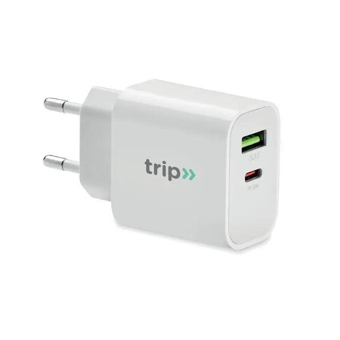 Încărcător usb white trip alb cu 18w, 2 porturi usb colorate verde și roșu, mufă ue pentru încărcare rapidă
