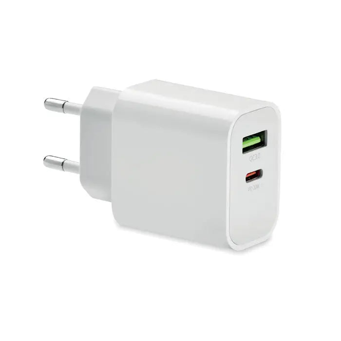 Incarcator usb alb dreptunghiular 18w cu doua porturi usb verde si rosu si mufa ue
