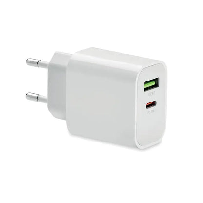 Incarcator usb alb dreptunghiular 18w cu doua porturi usb verde si rosu si mufa ue