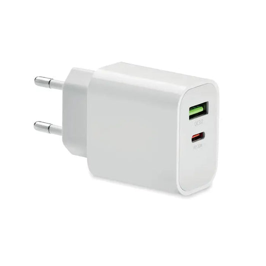 Incarcator usb alb dreptunghiular 18w cu doua porturi usb verde si rosu si mufa ue