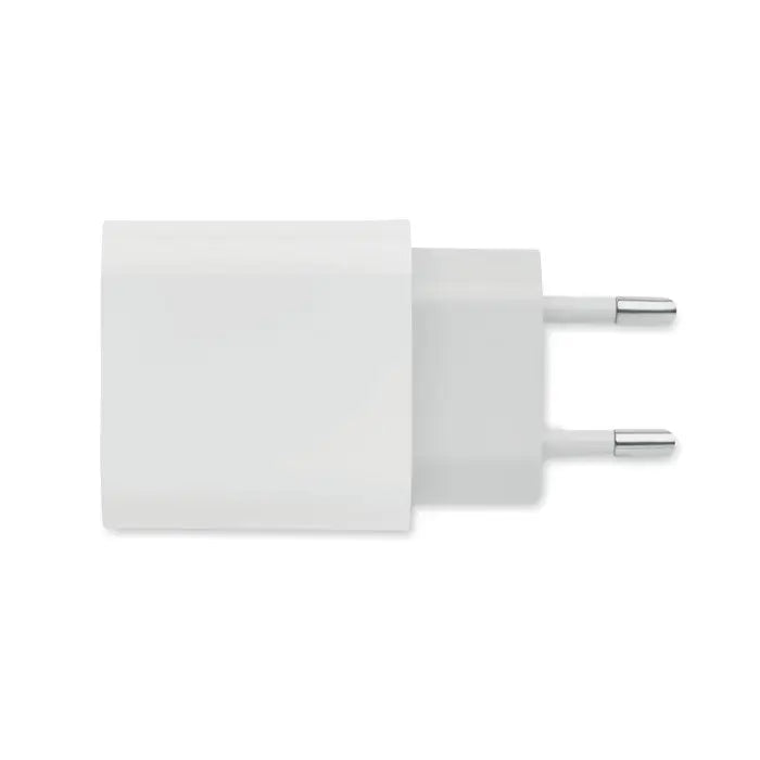 Incarcator usb 18w 2 porturi mufa ue alb cu carcasa de plastic si prinderi metalice dreptunghiular