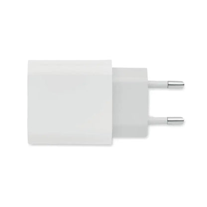 Incarcator usb 18w 2 porturi mufa ue alb cu carcasa de plastic si prinderi metalice dreptunghiular
