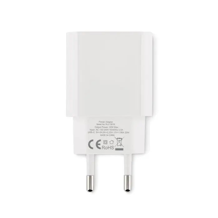 Incarcator usb 2 porturi 20w mufa ue alb dreptunghiular cu doua tije metalice si carcasa din plastic neted
