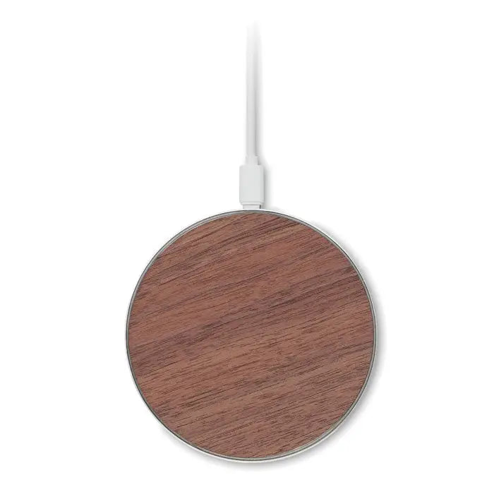 Incarcator wireless 15w circular cu finisaj maro lemn si ramă metalică argintie pentru încărcare rapidă