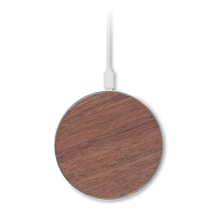 Incarcator wireless 15w circular cu finisaj maro lemn si ramă metalică argintie pentru încărcare rapidă