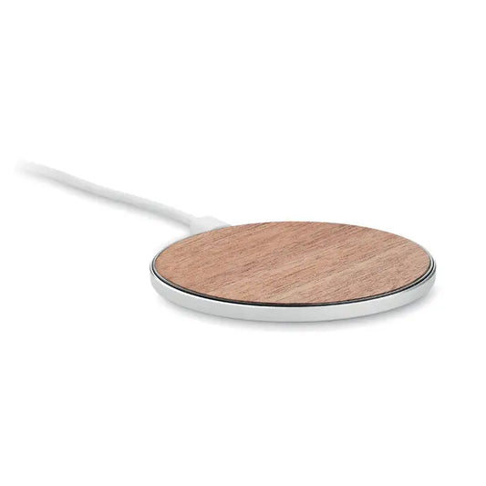 Incarcator wireless 15w circular cu suprafata maro deschis imitatie lemn si margine metalica argintie cu cablu alb