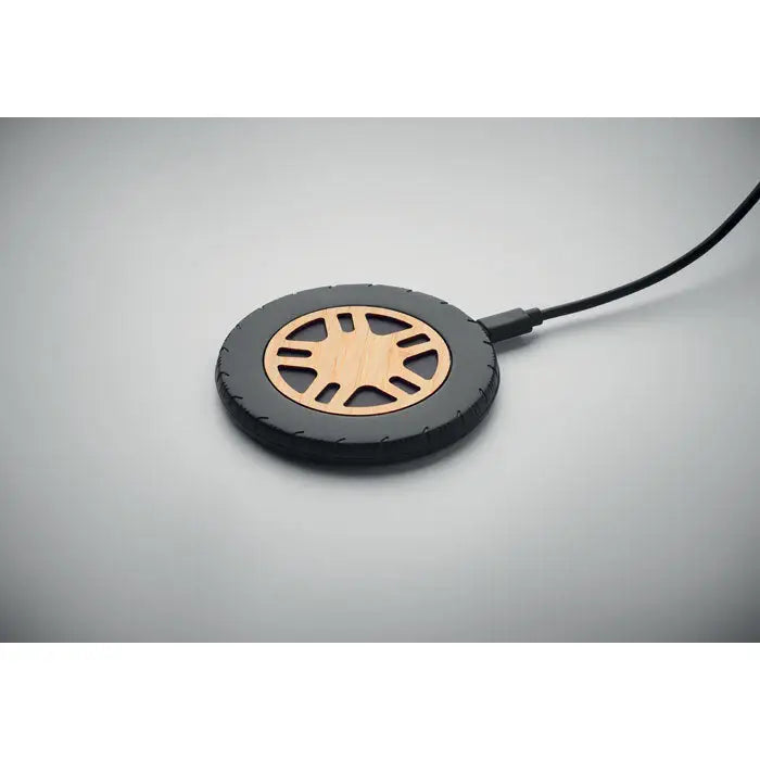 Incarcator wireless 15w negru cu centru circular din lemn si design cu spite pentru incarcare rapida