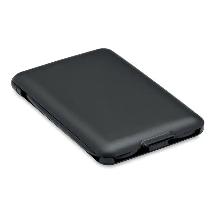 Portofel negru, dreptunghiular, elegant cu finisaj mat si margini rotunjite pentru incarcare wireless 15w