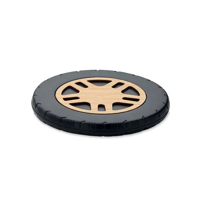 Incarcator wireless 15w cu suport rotund negru din cauciuc și centru de lemn deschis cu design radial