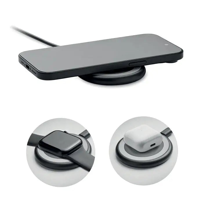 Încărcător wireless 3 în 1 negru cu design circular și cablu integrat, putere 15w pentru utilizare rapidă