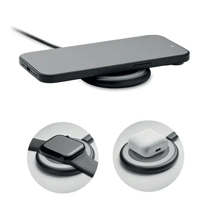 Încărcător wireless 3 în 1 negru cu design circular și cablu integrat, putere 15w pentru utilizare rapidă