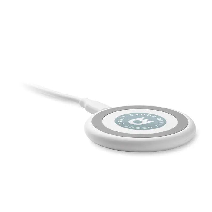 Încărcător wireless 3 în 1 alb rotund cu logo gri și teal pentru încărcare rapidă de 15w