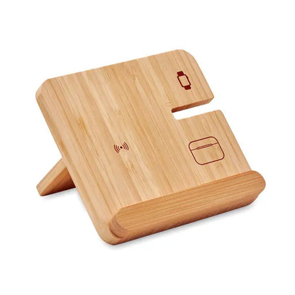 Incarcator wireless 3 in 1 de 15 w suport din bambus maro deschis cu pictograme gravate pentru ceas si airpods