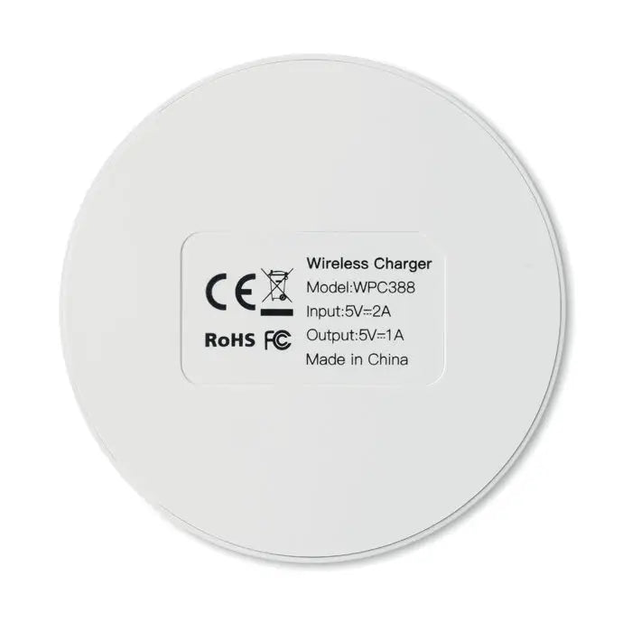 Incarcator wireless 5w alb circular cu finisaj mat si specificatii tiparite pe partea din spate a produsului