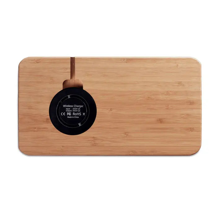 Incarcator wireless 5w dreptunghiular din bambus cu finisaj natural si pad negru circular pentru incarcare rapida