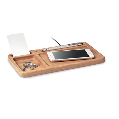Organizator de birou din bambus maro deschis cu încărcător wireless 5w integrat și compartimente pentru pix telefon clips cartela de vizită