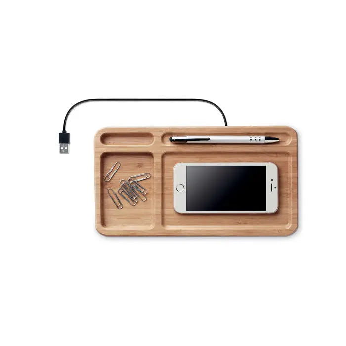 Organizer birou din bambus maro deschis cu încărcător wireless 5w și compartimente pentru telefon stilou și agrafe