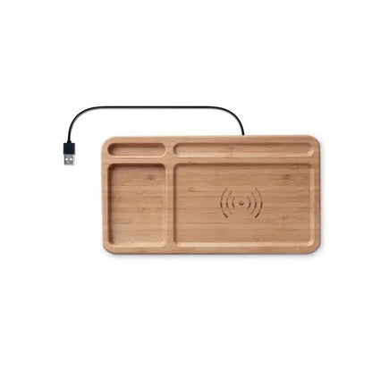 Incarcator wireless 5w tray din bambus maro deschis cu cablu usb atasat pentru incarcare rapida
