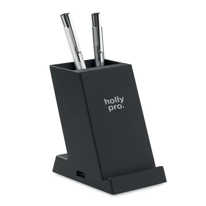 Penar dreptunghiular negru holly pro din abs cu doua pixuri metalice argintii incarcatore wireless 15w