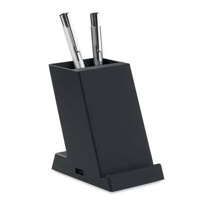 Incarcator wireless abs 15w negru din plastic cu suport pentru pixuri si port usb in baza sa